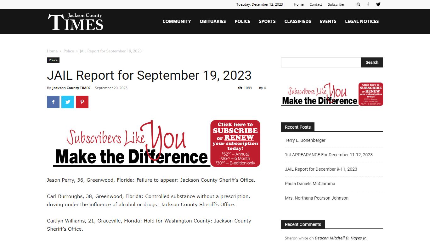 JAIL Report for September 19, 2023 | Jackson County Times